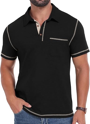 Men's Short Sleeve Polo Shirts Casual Summer Classic Collared Golf Shirt with Pocket