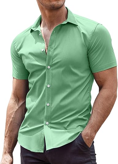 Men's Muscle Fit Dress Shirts Wrinkle-Free Short Sleeve Casual Button Down Shirt