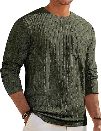 Men's Long Sleeve Shirts Casual Crewneck Pullover T-Shirt Stretch Textured Knit Tee with Pocket