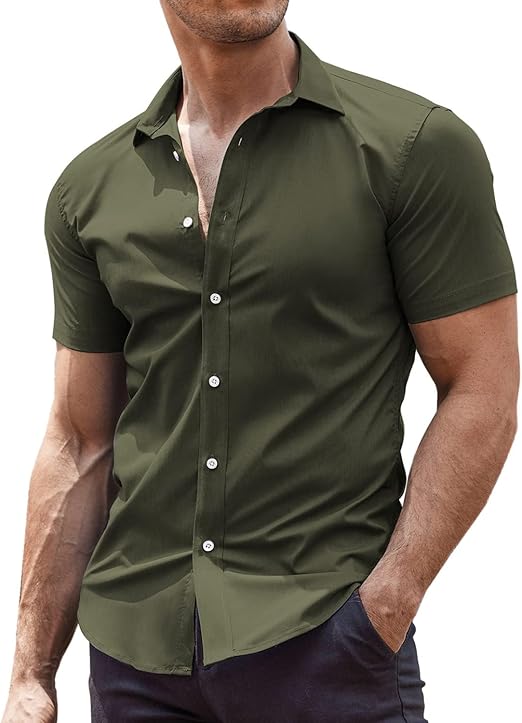 Men's Muscle Fit Dress Shirts Wrinkle-Free Short Sleeve Casual Button Down Shirt