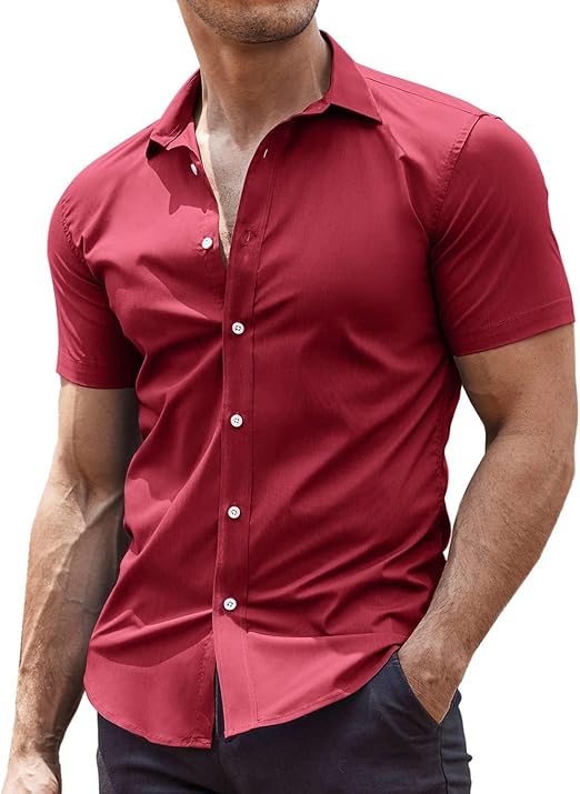 Men's Muscle Fit Dress Shirts Wrinkle-Free Short Sleeve Casual Button Down Shirt