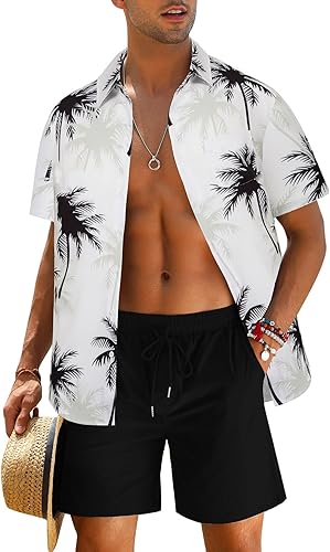 Men's Flower Shirt Hawaiian Sets Casual Button Down Short Sleeve Shirt and Solid Quick Dry Beach Shorts S-3XL