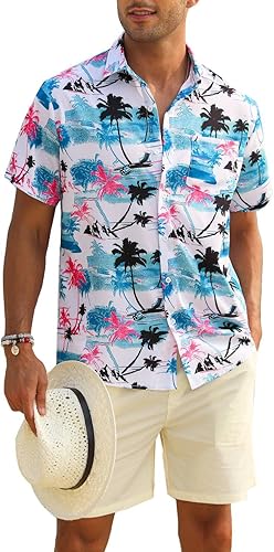 Men's Flower Shirt Hawaiian Sets Casual Button Down Short Sleeve Shirt and Solid Quick Dry Beach Shorts S-3XL