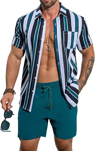 Men's Flower Shirt Hawaiian Sets Casual Button Down Short Sleeve Shirt and Solid Quick Dry Beach Shorts S-3XL