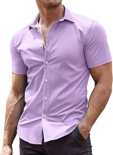Men's Muscle Fit Dress Shirts Wrinkle-Free Short Sleeve Casual Button Down Shirt