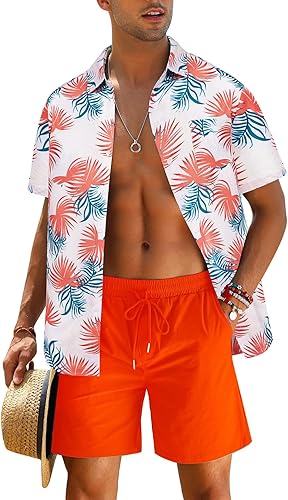 Men's Flower Shirt Hawaiian Sets Casual Button Down Short Sleeve Shirt and Solid Quick Dry Beach Shorts S-3XL