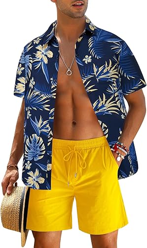 Men's Flower Shirt Hawaiian Sets Casual Button Down Short Sleeve Shirt and Solid Quick Dry Beach Shorts S-3XL