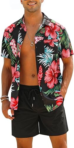 Men's Flower Shirt Hawaiian Sets Casual Button Down Short Sleeve Shirt and Solid Quick Dry Beach Shorts S-3XL