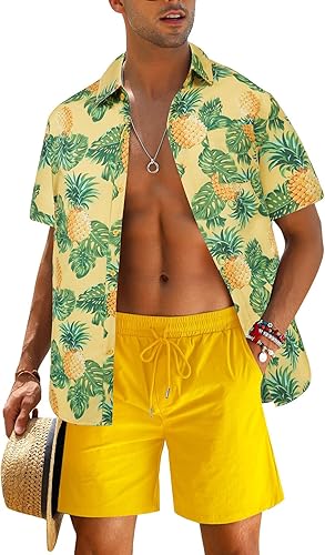Men's Flower Shirt Hawaiian Sets Casual Button Down Short Sleeve Shirt and Solid Quick Dry Beach Shorts S-3XL