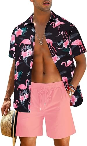 Men's Flower Shirt Hawaiian Sets Casual Button Down Short Sleeve Shirt and Solid Quick Dry Beach Shorts S-3XL