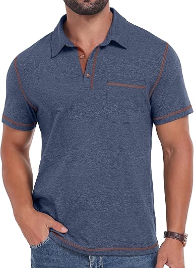 Men's Short Sleeve Polo Shirts Casual Summer Classic Collared Golf Shirt with Pocket
