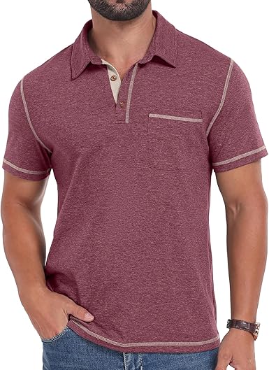 Men's Short Sleeve Polo Shirts Casual Summer Classic Collared Golf Shirt with Pocket