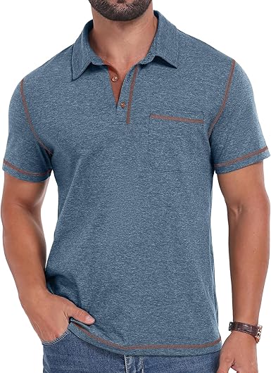 Men's Short Sleeve Polo Shirts Casual Summer Classic Collared Golf Shirt with Pocket