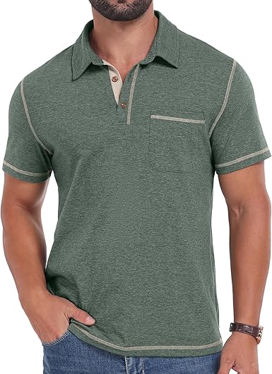 Men's Short Sleeve Polo Shirts Casual Summer Classic Collared Golf Shirt with Pocket