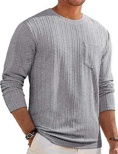 Men's Long Sleeve Shirts Casual Crewneck Pullover T-Shirt Stretch Textured Knit Tee with Pocket
