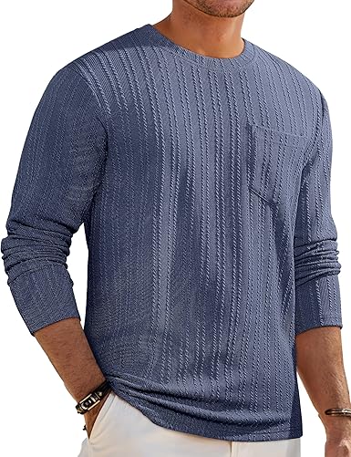 Men's Long Sleeve Shirts Casual Crewneck Pullover T-Shirt Stretch Textured Knit Tee with Pocket