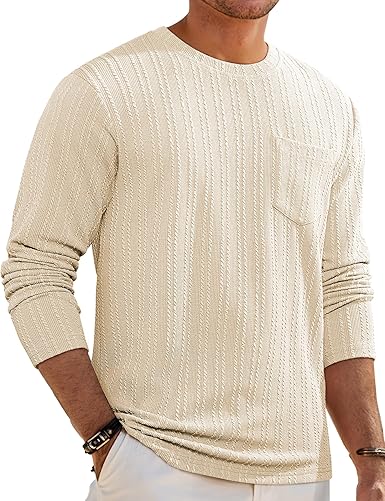 Men's Long Sleeve Shirts Casual Crewneck Pullover T-Shirt Stretch Textured Knit Tee with Pocket