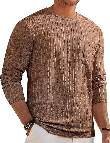 Men's Long Sleeve Shirts Casual Crewneck Pullover T-Shirt Stretch Textured Knit Tee with Pocket
