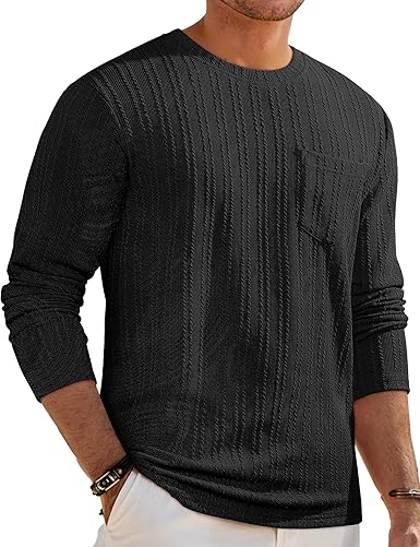 Men's Long Sleeve Shirts Casual Crewneck Pullover T-Shirt Stretch Textured Knit Tee with Pocket