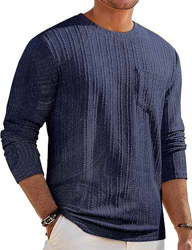 Men's Long Sleeve Shirts Casual Crewneck Pullover T-Shirt Stretch Textured Knit Tee with Pocket
